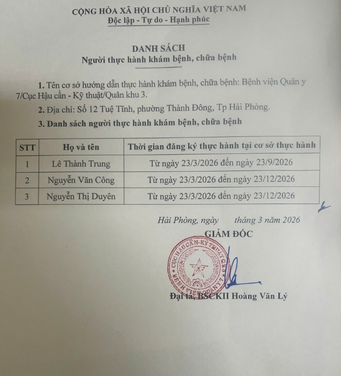 Bệnh viện Quân y 7, Cục Hậu cần - Kỹ thuật, Quân khu 3 thông báo 